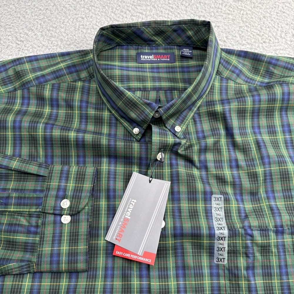 TravelSmart Dress Casual Shirt Mens XXXL Tall 3XLT L/S Plaid Roundtree Yorke